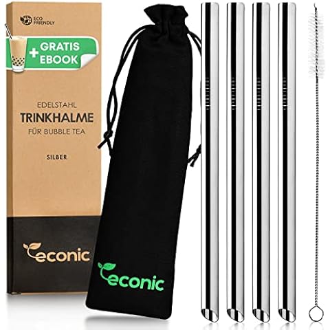 econic Edelstahl Bubble Tea Strohhalme wiederverwendbar Silber Set 4er Cover