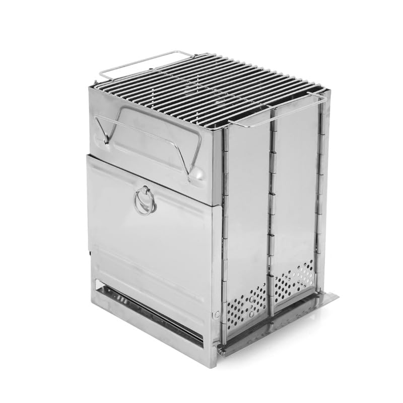 Parrilla portátil para barbacoa de camping, estufa de carbón de acero inoxidable plegable, quema de leña al aire libre, 13.8 x 7.9 x 7.9 pulgadas