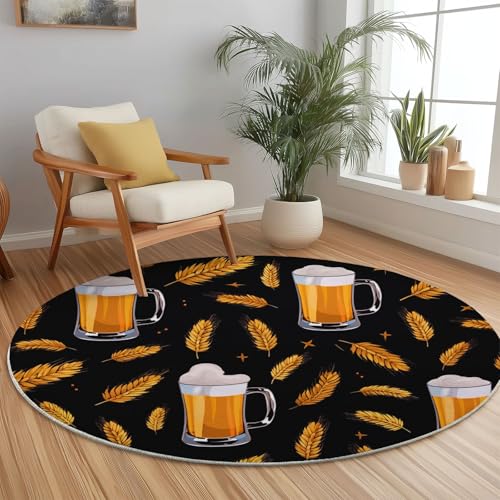 Genérico Lavable Alfombra Redonda 60 cm, Dibujo Espigas De Trigo Cerveza Tema Alfombra Redonda Antideslizante Suaves para Entrada de Sala de Estar Sala de Juegos para Niños - Negro Amarillo