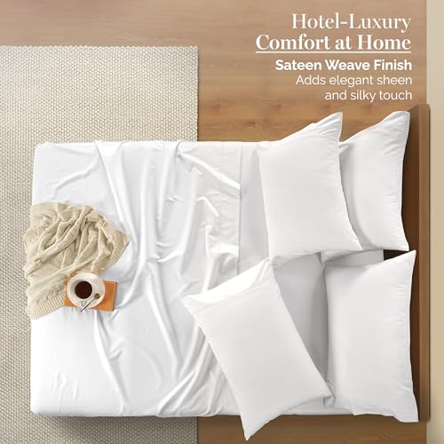 Casa Platino 100% Egyptian Cotton Sheets California King Size Set - 6 Pcs (1 Flat, 1 Fitted, 4 Pillowcases)- Smooth Sateen Weave Bed Sheets, 15" Deep Pocket - Pure White Sheet Set