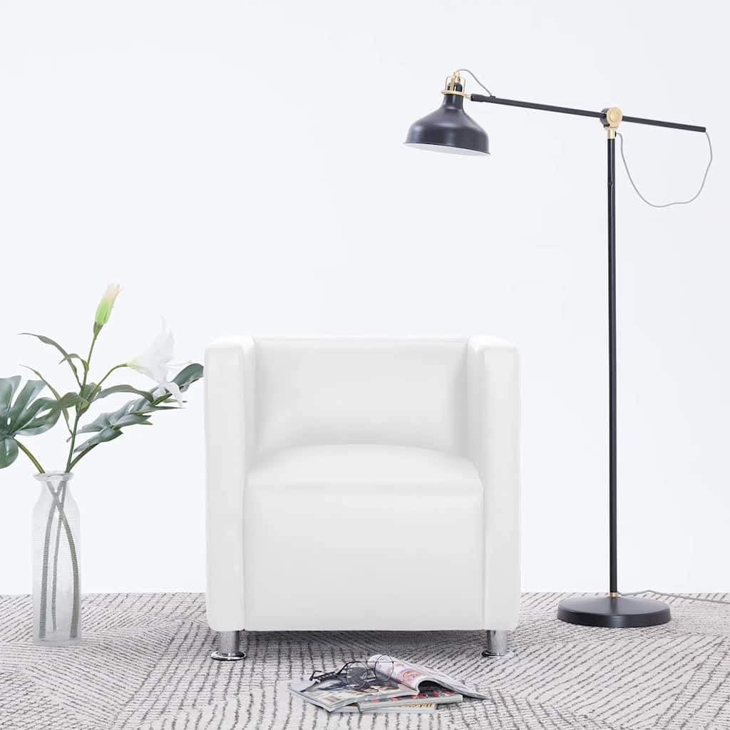 Sillón de cubo blanco de piel sintética, 71 x 54 x 69 cm, altura del asiento 43 cm, patas de metal, diseño moderno, resistente y duradero, para salón, dormitorio, oficina