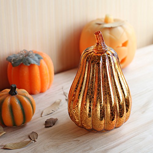 Image of Romingo Mercury Glass Pumpkin Light with Timer for Halloween Pumpkin Decorations Fall and Thanksgiving Decor,Gold, 8.7 inches