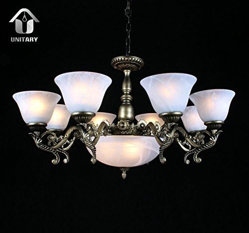 UNITARY Brand Vintage White Glass Shade Chandelier with 11 Lights Antique Bronze Finish