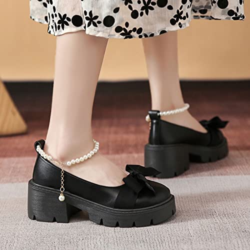 CsgrFagr Ladies British Fashion Solid Leather Bowknot Pearl Buckle Thick High Heel Casual Shoes Suede Heels for Women (Black, 6.5)4