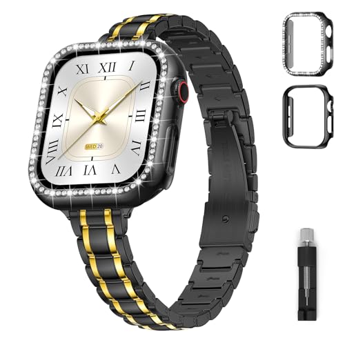 Apple Watch�p�X�������^���o���h �����p 40mm �����ăG���K���g�ȃX�e�����X�X�`�[���h���b�V�[���X�g�o���h �r�W�l�X�X�g���b�v iWatch �o���h �ی�P�[�X Series 6/5/4/SE3/SE2/SE�A08-�u���b�N/�S�[���h