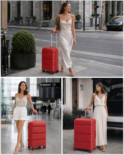 Image of Kono 24 Inch Hard Shell PP Luggage, 4 Spinner Wheels Suitcase, Red | Lightweight & Anti-Scratch Checked-Medium Travel Trolley with TSA Lock for Travel Trips