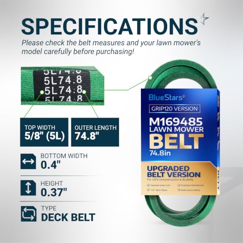 Image of [Upgraded Grip120] BlueStars M169485 Mower Primary Deck Belt | 5 /8 inch x 74.8 inch | Aramid Cord Primary Deck Belt for John Deere X330 X350 X354 X370 X380 X390 X394, X570 X580 X584 X590 Lawn Tractors /Mowers