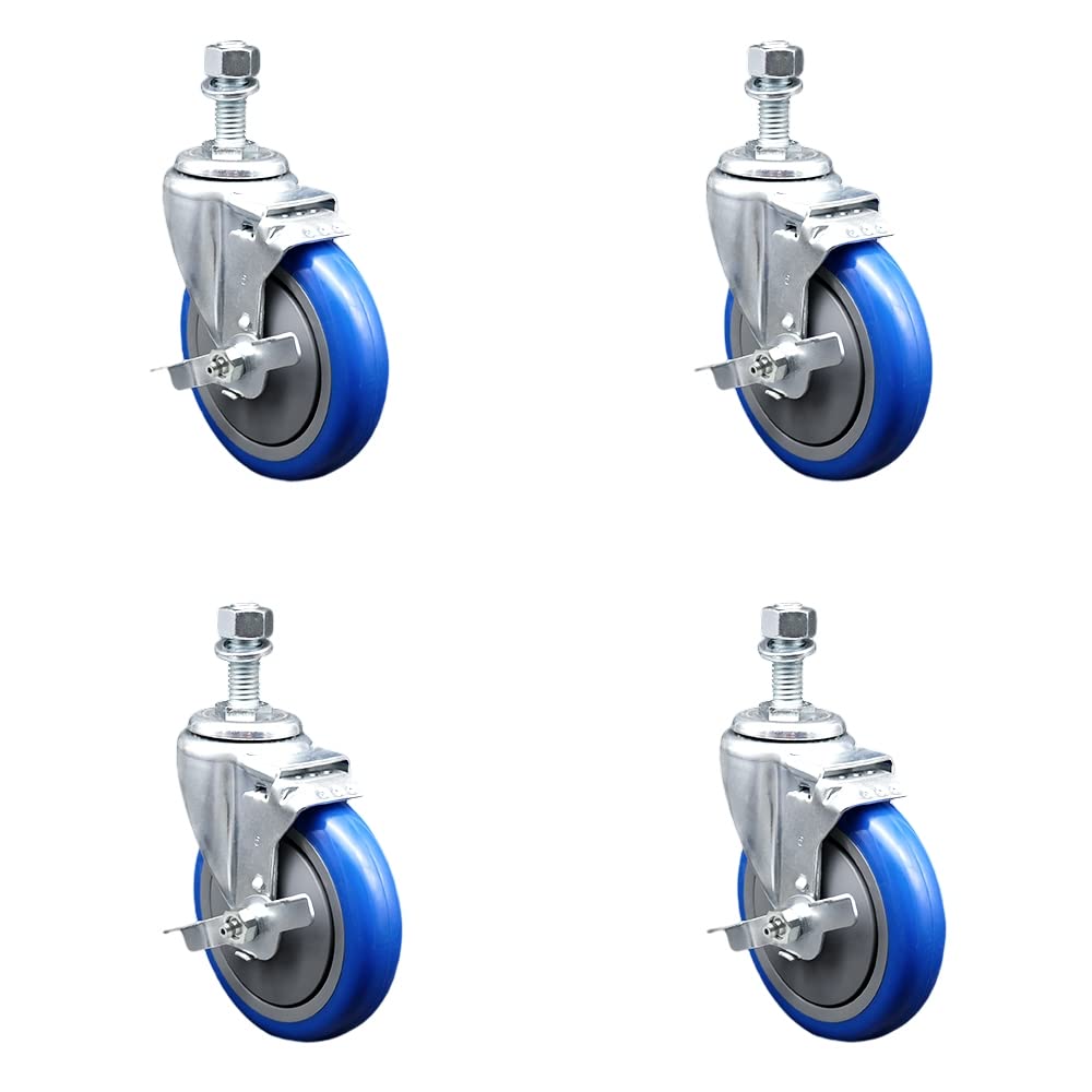 3" Swivel Caster with 12mm Threaded Stem, Blue Polyurethane Wheel and Brake - 300 lbs. Capacity - Service Caster Brand
