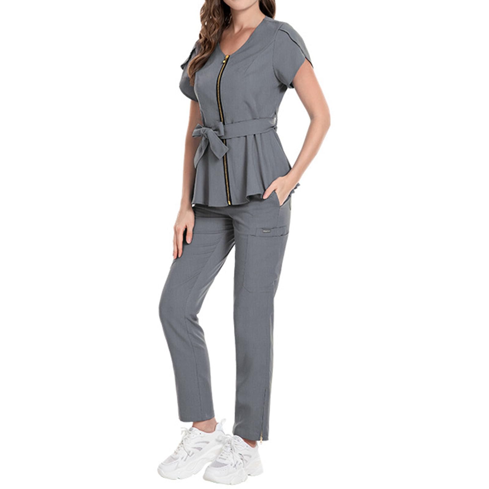 Uniforme mediche da donna, con scollo a V, top con cintura e pantaloni da jogging, vestibilità aderente, abbigliamento da lavoro per infermieri