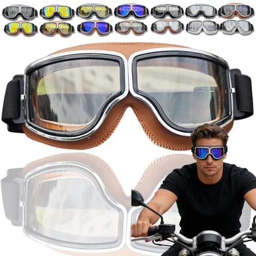 Legvixi OTG Vintage Motorcycle Goggles Fits Over Glasses Soft Padded Riding Glasses with Anti-Slip Strap (Brown Clear Lenses)