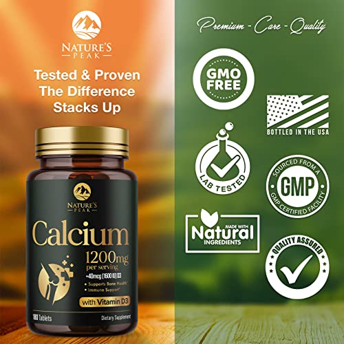 Calcium 1200 Mg Plus Vitamin D3, Bone Health & Immune Support - Nature's Calcium Supplement With Extra Strength Vitamin D For Extra Strength Carbonate Absorption Dietary Supplement - 180 Tablets #TOP3