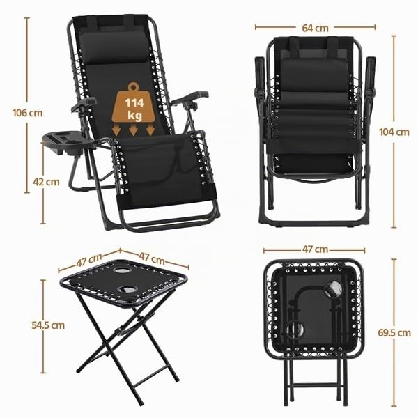 Yaheetech Set di 2 Sedie Sdraio da Giardino Zero Gravity e Tavolino con Portabicchieri, Set Sedie Pieghevoli con Poggiatesta, Portabicchieri, Pedale, Schienale Regolabile, Nero (Nero)