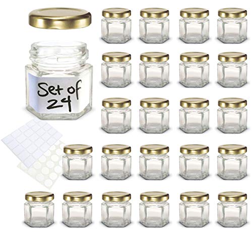 1.5 oz Hexagon Mini Glass Jars with Gold Lids and Labels