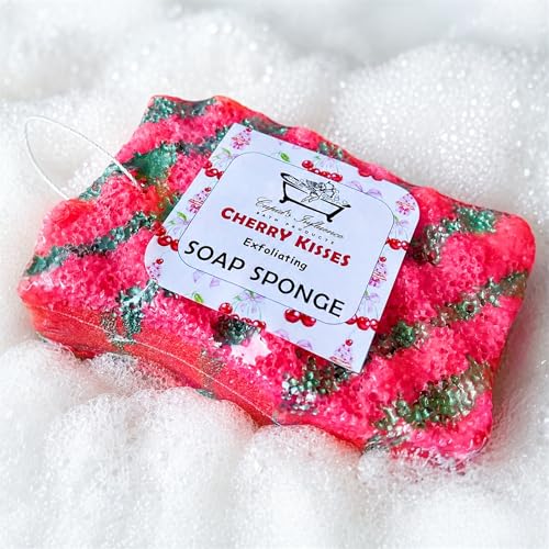 Image of Cherry Kisses Exfoliating Soap Sponge | 160gr Soap Filled Sponge | Shower Puff | Tan Remover & Body Scrub | Cherry Scented Exfoliating Body Wash | Stocking Fillers | Valentine's Day Gift