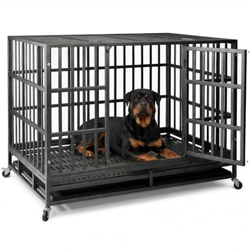 NUGRIART 48 Inch Heavy Duty Indestructible Dog Crate, XL Steel Escape-Proof Kennel for Large Dogs,...