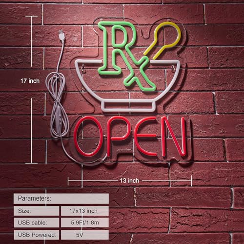 Image of Pharmacy RX Open Neon Sign for Wall Decor Dimmable Business Medicine Shop LED Neon Light USB Powered Neon Art Signs Decor