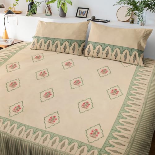Image of Firdaus Premium Hand Block Printed Bedsheet | Bed Spread Flatsheet Bed Sheet | Pure Cotton | Double Bed Queen Size 90 inchx108 inch | 300 TC Long Staple Cotton | 2 Pillow Covers | Floral Print