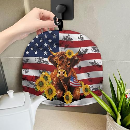 Image of American Flag Highland Cow Tea Pot Cozy for Teapot Insulated Tea Pot Cozies Kettle Quilt Keeping Warm Dust Proof Teapot Cover for July 4th Independence Day Decor