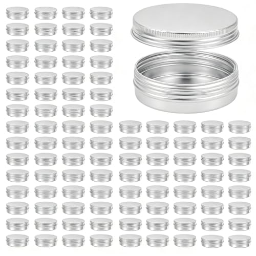 100 Pack 2 oz Aluminum Tins with Screw Lid Leak-Proof Round Metal Containers 60ml Refillable Salve Lip Balm Jar Food-Grade Cosmetic Candle Travel Storage (Silver)