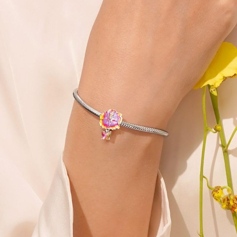 GNOCE Red Hibiscus Flower Charm for Women, 925 Sterling Silver Bead Charm Bracelet/Necklcae for Her Fit Bracelet, Valentine Mother's Day Jewelry Gift
