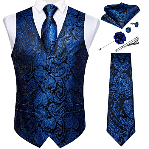 Image of DiBanGu Mens Vest and Tie Set Formal Paisley Waistcoat and Necktie Pocket Square Cufflinks Silk Suit Vest for Tuxedo Wedding