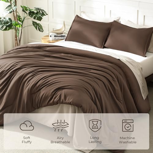 Image of Litanika Comforters Brown Oversized King Size, 3 Pieces Lightweight Solid Bedding Set & Collections, All Season Fluffy Bed Set (120x98In Comforter & 2 Pillowcases)