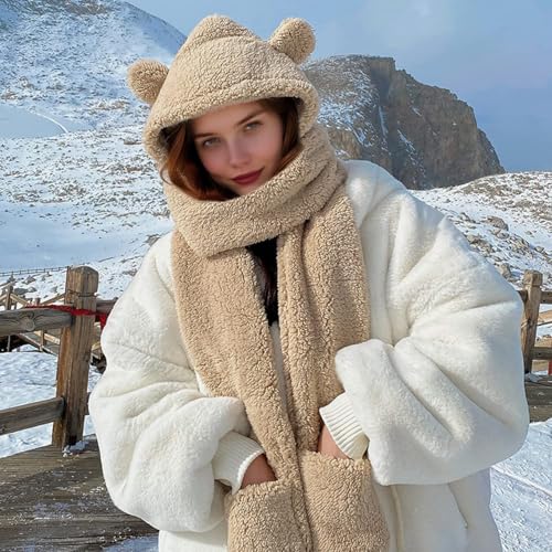Women Cute Bear Hooded Hat Scarf Gloves Set 3-in-1 Earflap Animal Hat Plush Warm Hooded Scarf with Mittens2