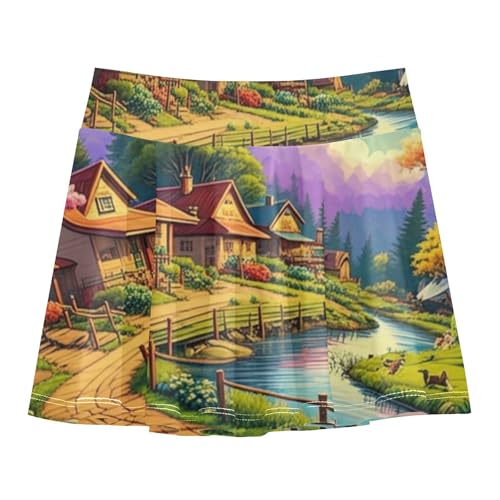 Joisal Skirts with Shorts Colorful Countryside Village Scene Girls' Shorts Athletic Skorts Neon Little Girl 4t