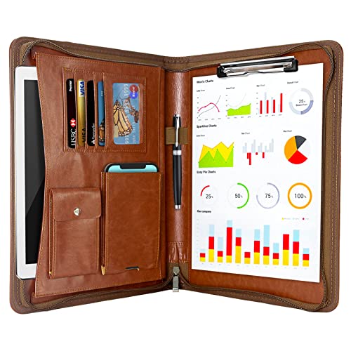NEWYES Zippered Leather Padfolio Organizer, 10.2 Inch Multifunctional Business Portfolio Folder with Zipper, Card Holders Pockets, Notepad File Document Binder for Women Men (Brown)