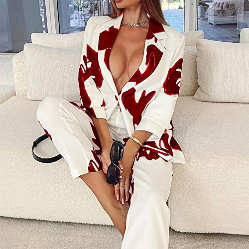 2 Piece Outfits for Women Long Sleeve Printing Blazer with Pants Casual Elegant Business Suit Sets3