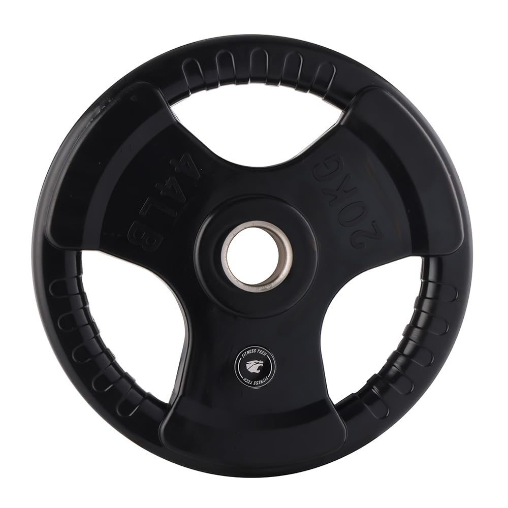 Discos Olímpicos de Goma Triple Agarre Fitness Tech | Set de 2 Discos con Casquillo de Hierro | Diámetro 50 mm | Pesos de 2,5 a 25 kg | Antigolpes y Ergonómicos (20, Kilogramos)