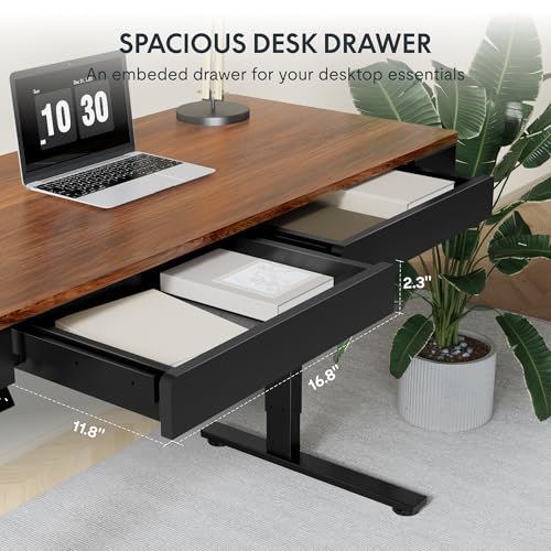 Image of FLEXISPOT Standing Desk with Drawer, 55 x 24 Inch Whole Piece Electric Adjustable Height Stand Up Computer Workstation for Home, Office, Dark Walnut