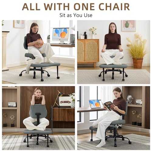 Image of Ergonomic Criss Cross Legged Office Chair, ADHD Chair, Wide Height Adjustable Seat 360 Swivel Footstool with Wheels, PU Leather Meditation Kneeling Chair, for The Restless Home Workers, Grey