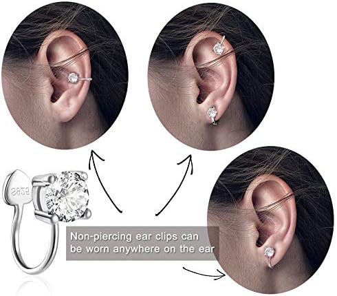Cubic Zirconia Ear Cuffs - Sterling Silver Hypoallergenic Non-Piercing Cartilage Earrings CZ Clip on Earrings Round Crystal Stud Earrings for Women Girls 6mm