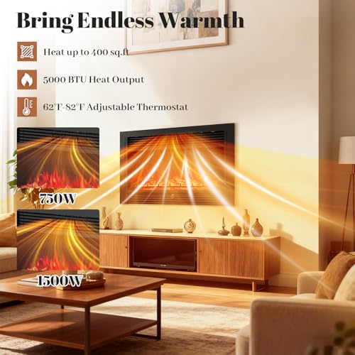 Image of Giantex 33 inch Electric Fireplace Insert, Wall Recessed /Mounted, Freestanding Fireplace with Remote Control, 3 Color Adjustable Flames, 2 Modes Heat, 8H Timer, 5 Brightness, 750 /1500W Heater