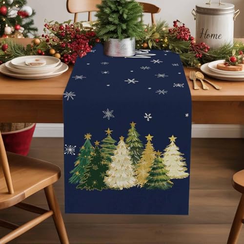 Koboosousyo テーブルランナー 食卓飾り クリスマス 冬 クリスマスツリー 水彩調 雪の結晶 テーブルセンター おしゃれ パーティー テーブル 食卓 上質 厚手 洗濯可 耐熱 33x122cm