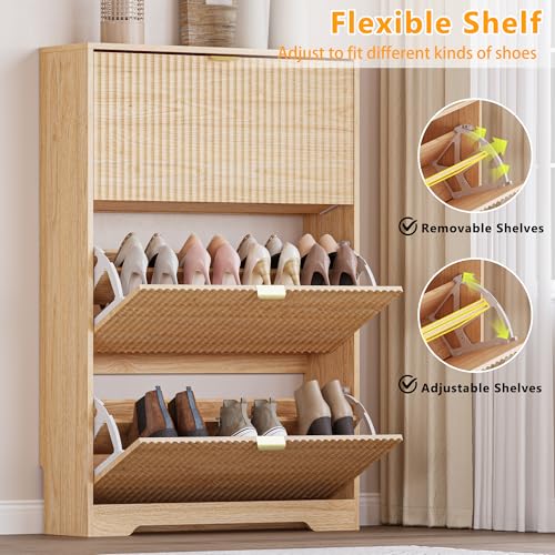 Image of BORNOON Entryway Shoe Cabinet with 3 Flip Drawers, Narrow Shoe Organizer Cabinet with Fluted Panel and Adjustable Shelves for Foyer, Hallway