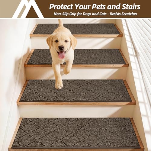 Image of COSY HOMEER Stair Treads for Wooden Steps 11 inchx30 inch Washable Indoor Carpet Stair Treads Non Slip Soft Polyester Stair Carpet Tread Reusable Stair Runner Rugs for Kids, Elders,Pets,Brown,4pcs