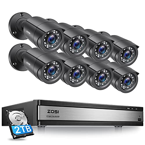 ZOSI H.265+ 16 Channel Security Camera System 1080p, Hybrid DVR Recorder with Hard Drive 2TB and 8 x 2MP CCTV Bullet Camera Outdoor Indoor with 80ft Night Vision and 90°Wide Angle,Remote Access
