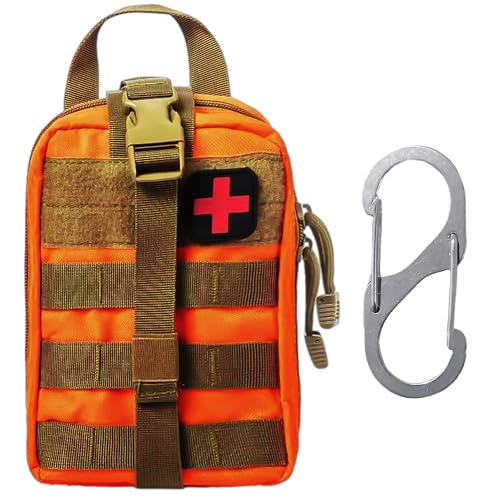 1 set tattico di primo soccorso e 1 moschettone tipo S, kit di emergenza multifunzionale, adatto per alpinismo, trekking, caccia, campeggio, sport (arancione)