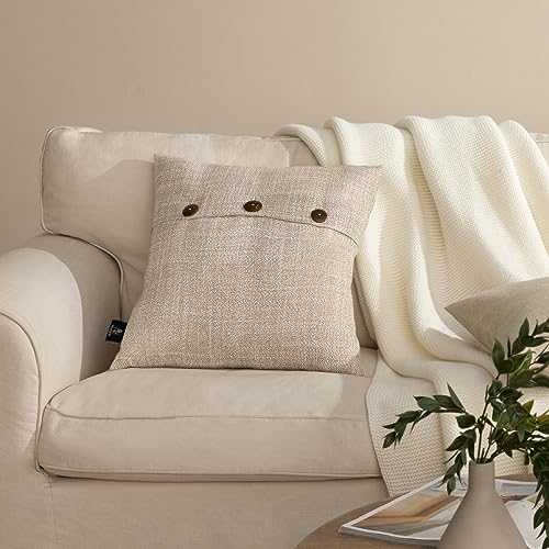 Phantoscope Farmhouse Throw Pillow Covers Triple Button Vintage Linen Decorative Pillow Cases for Couch Bed and Chair Beige, 18 x 18 inches 45 x 45 cm, Pack of 2