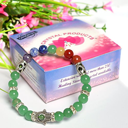 Image of Reiki Crystal Products Certified Natural Crystal Stone 7 Chakra with Hamsa 8 mm Round Beads Bracelet for Men & Women | Reiki Charged Gemstone Bracelet | Multiple Stone Variants Available