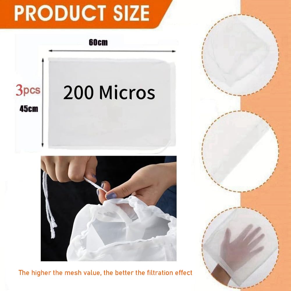 3 Pz Sacchetto Filtro Nylon 200 Micron 45x60cm Per Birra Frutta Verdura Vino Marmellata - Telo Filtrante per Spremiagrumi Latte Vegetale