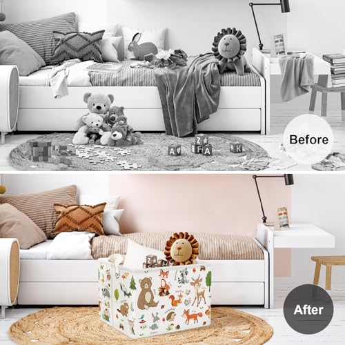 Image of Clastyle Woodland Nursery Animal Tree Baby Gift Storage Basket for Kid Room | Waterproof Large Dirty Clothes Book Gift Toy Organizer Bin, Nursery Playroom Bedroom Bathroom Shelf, Bear Raccoon Rabbit