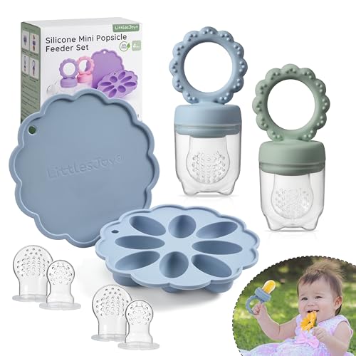 Image of Baby Fruit Food Feeder & Mini Popsicle Ice Tray Set, BPA Free Silicone Baby Feeder for Safe Solid Food Feeding, Breastmilk Popsicle Molds for Cooling Relief, 4 Month+ (Spring)