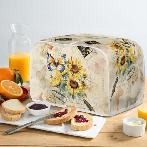 Image of Toaster Dust Cover 2 Slice, Microwave Toaster Oven Grill Stain Resistant Dustproof Kitchen Small Appliance Cover with Top Handle for Kitchen, Butterfly Sunflower Retro