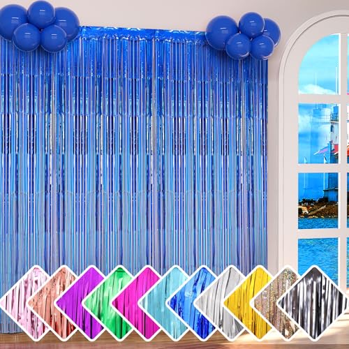 Yishebapa 3 Pack Blue Backdrop Curtains, Foil Fringe Curtains Tinsel Streamers for Birthday Wedding Photo Booth Baby Shower Bachelorette Graduation Christmas Party Decorations
