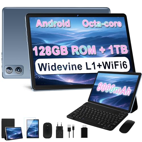 Dghrti 10-Zoll-Android-Tablet, 22 GB + 128 GB ROM/TF 1 TB, 8000 mAh, UFS 2.1 Flash, Octa-Core 2,0 GHz, WiFi 5G + 2,4G, BT5.0, 8 MP + 5 MP, Widevine L1, mit Tastatur und Maus – Grau