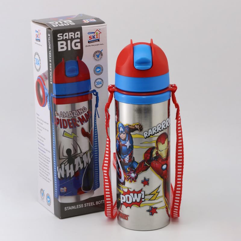 Image of SKi Homeware Sara Steel Water Bottle with Pop-up Starw and a sling strap, 650ML- Avenger