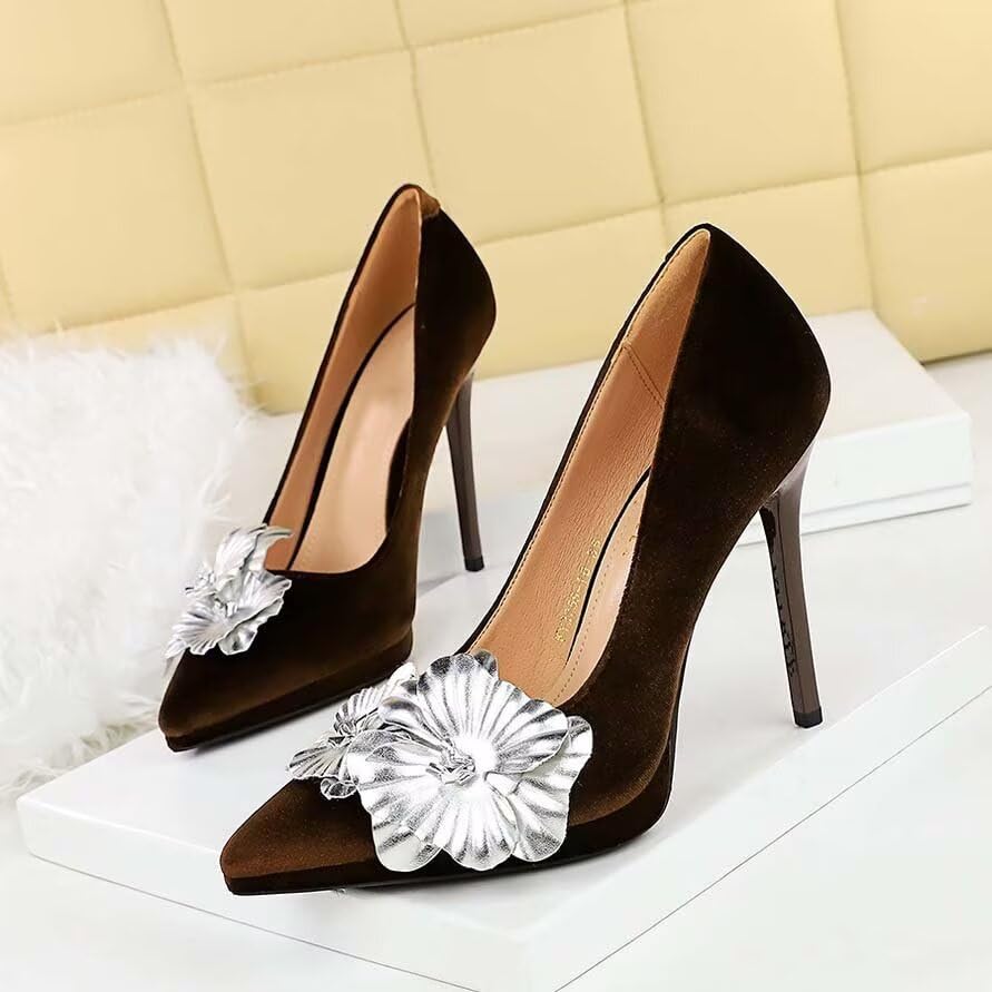 JOEupin Women's Pumps Slip On Stiletto Pumps with Metal Flowers Classic Pointed Closed Toe High Heels Elegant Dress Shoes2